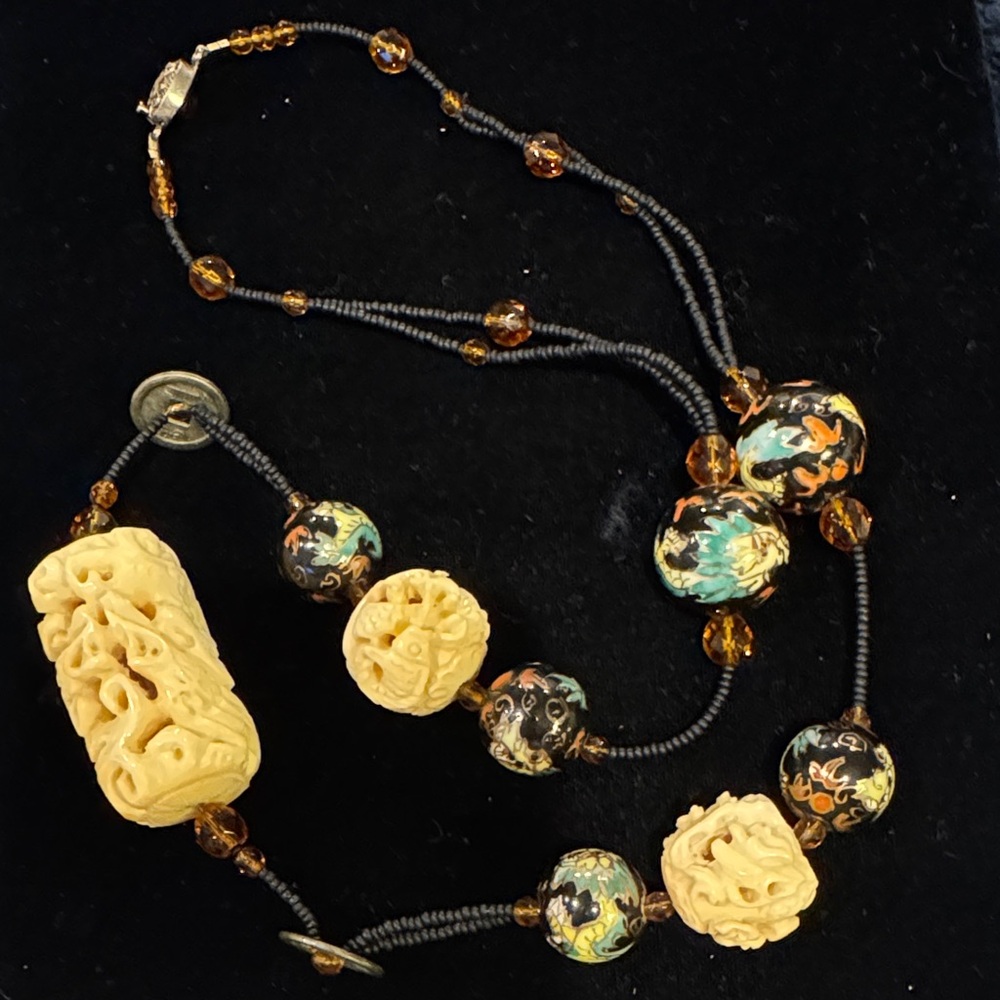 Beaded Dragon and Carved Faux Ivory Necklace